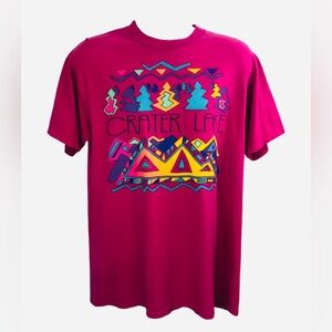 Vintage 90’s L Crater Lake Graphic T-shirt Jerzees Pink Tee State Park USA Made